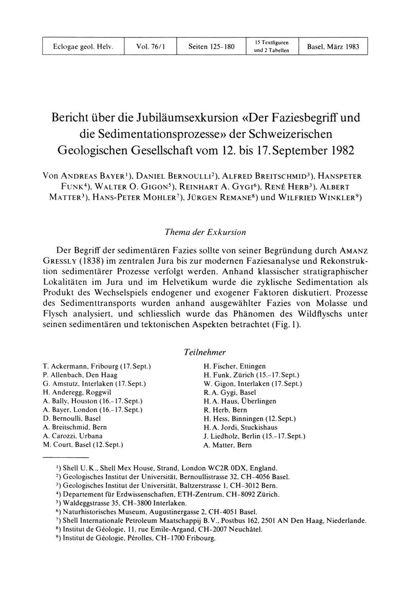 E-Periodica - Bericht über die Jubiläumsexkursion "Der Faziesbegriff und  die Sedimentationsprozesse" der Schweizerischen Geologischen Gesellschaft  vom 12. bis 17. September 1982