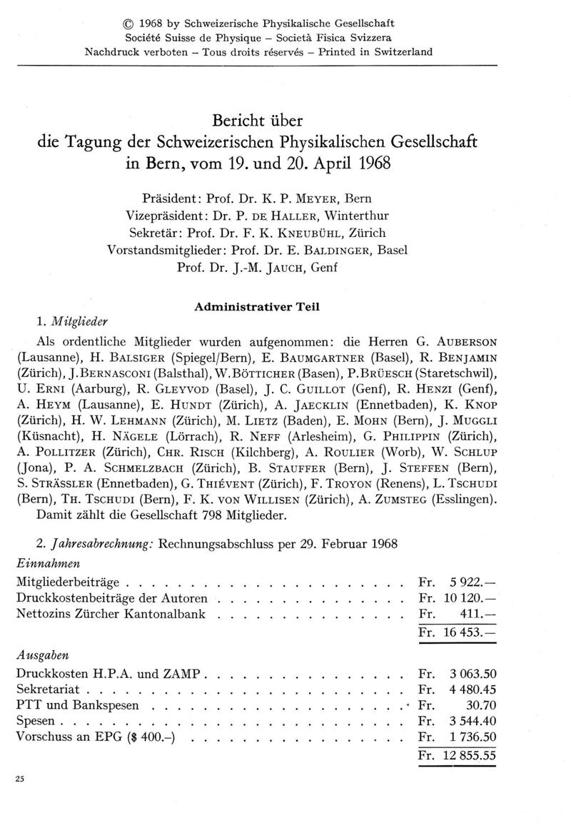 E-Periodica - Bericht über die Tagung der Schweizerischen Physikalischen  Gesellschaft in Bern, vom 19. und 20. April 1968