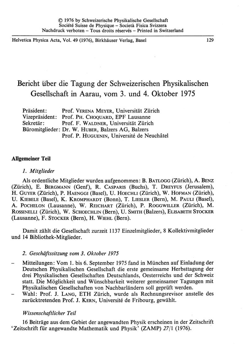 E-Periodica - Bericht über die Tagung der Schweizerischen Physikalischen  Gesellschaft in Aarau, vom 3. und 4. Oktober 1975