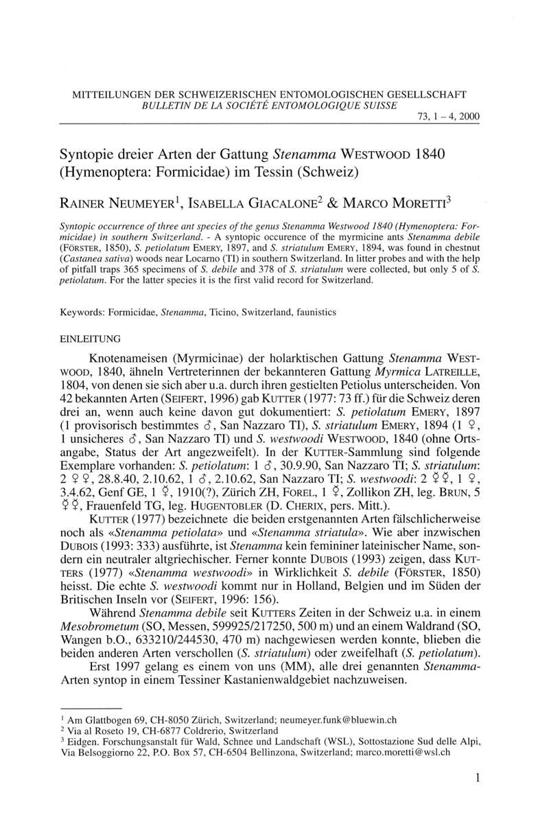 E-Periodica - Syntopie dreier Arten der Gattung Stenamma Westwood 1840  (Hymenoptera : Formicidae) im Tessin (Schweiz)